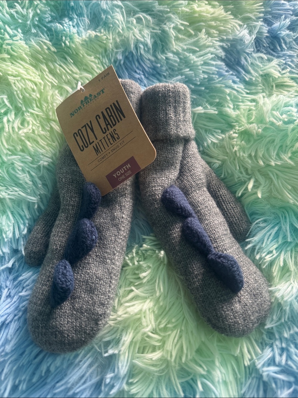 Cozy Cabin Youth Mittens - Gray with Navy Dino Accents